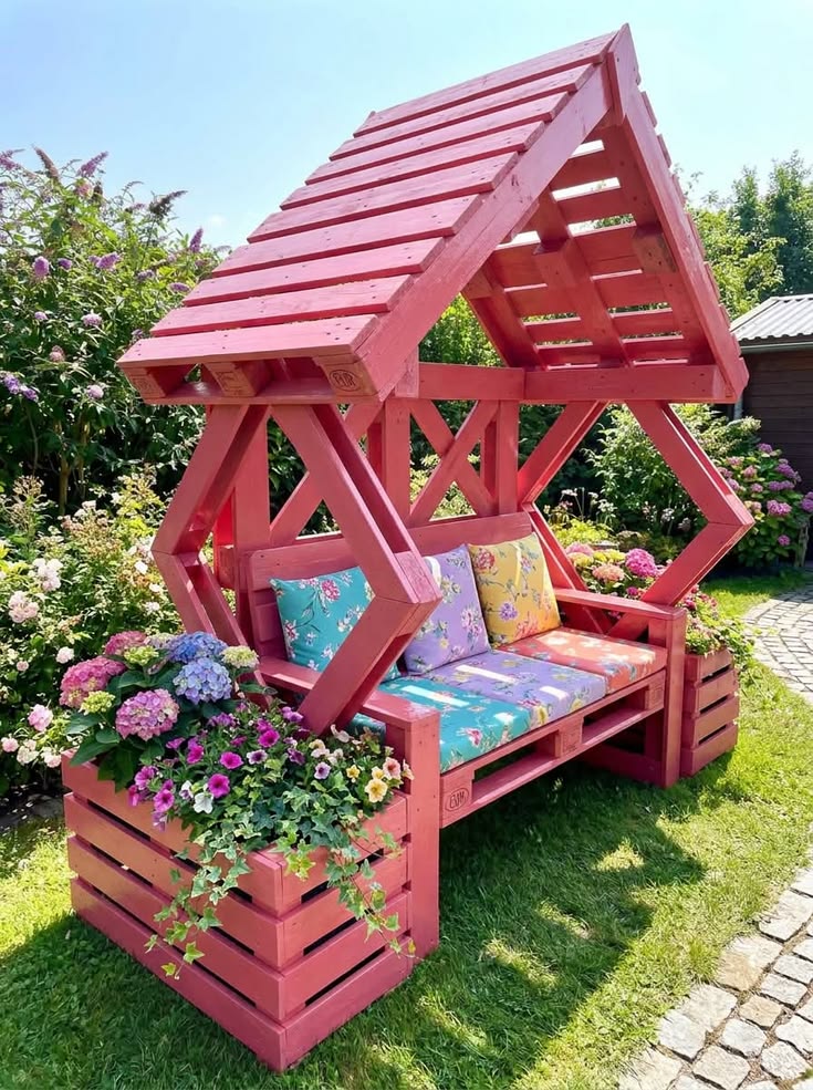 Pink Pallet Garden Bench with Roof and Flower Planter