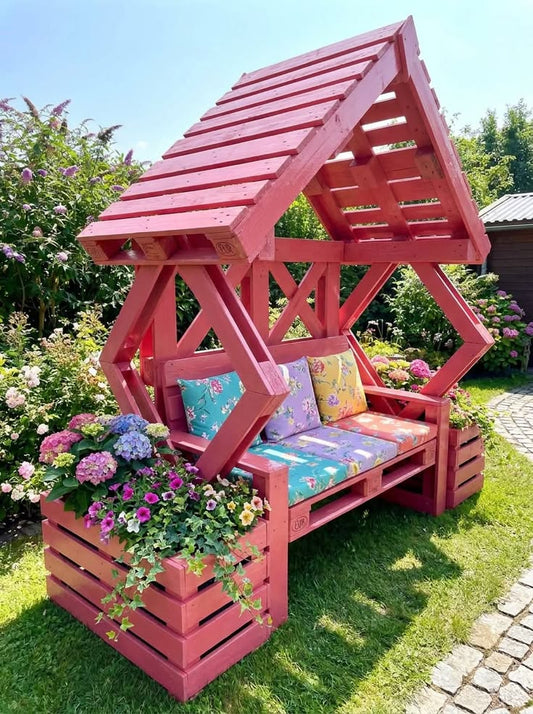 Pink Pallet Garden Bench with Roof and Flower Planter