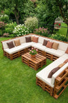 Natural Wood Pallet Corner Sofa Set with White Cushions