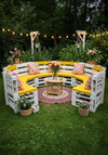Curved Pallet Garden Sofa with Yellow Cushions and Round Table