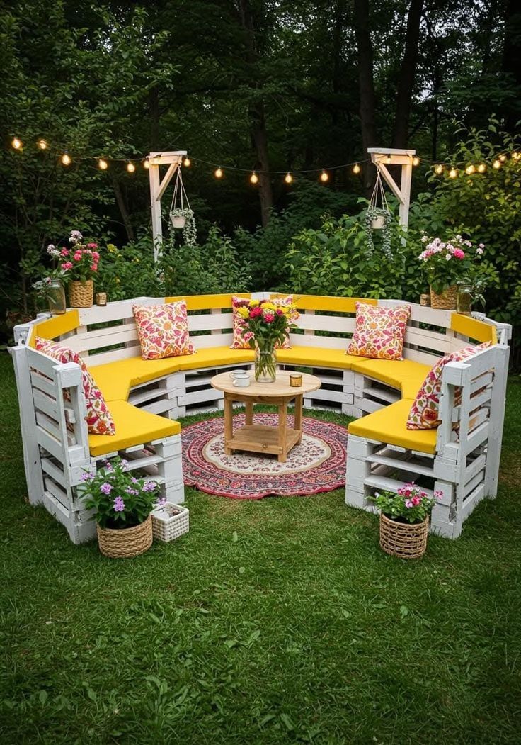 Curved Pallet Garden Sofa with Yellow Cushions and Round Table