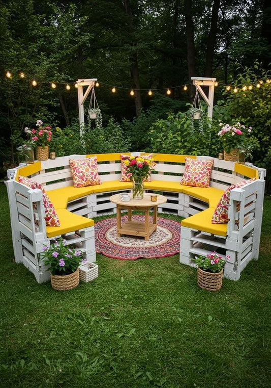 Curved Pallet Garden Sofa with Yellow Cushions and Round Table