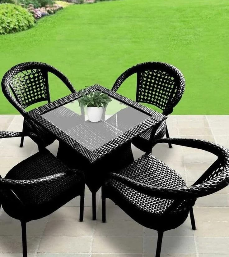 Black Rattan 4-Chair Set with Square Glass Table