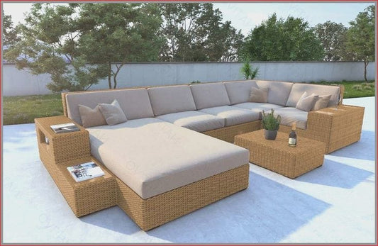 Large Beige Rattan Sectional with Ottoman