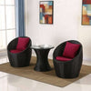 Black Rattan Chairs with Burgundy Cushions and Cafe Table