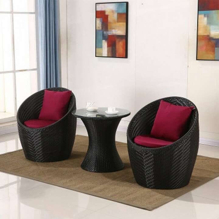 Black Rattan Chairs with Burgundy Cushions and Cafe Table