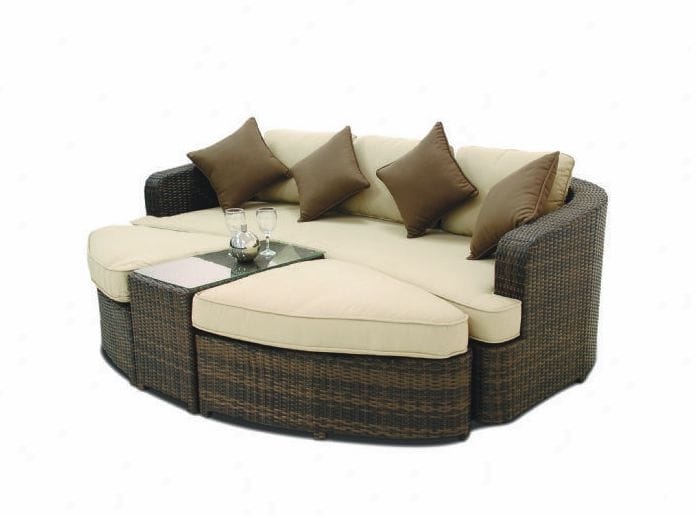 Black Rattan Round Daybed with Brown Cushions