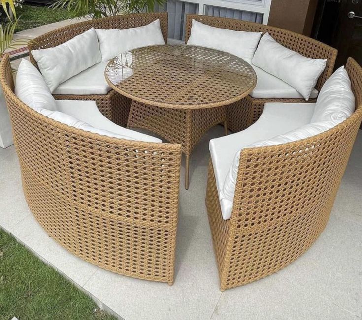 Natural Woven Semicircle Sofa Set with Glass Table