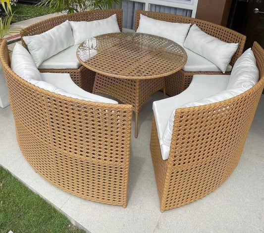 Natural Woven Semicircle Sofa Set with Glass Table