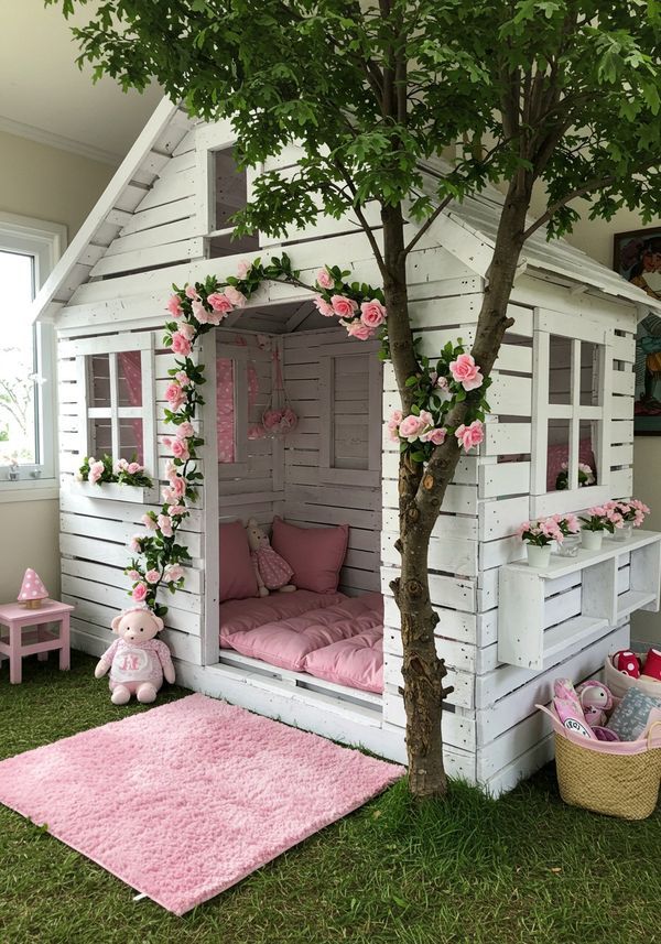 White Pallet Kids Cottage Playhouse with Flower Garland
