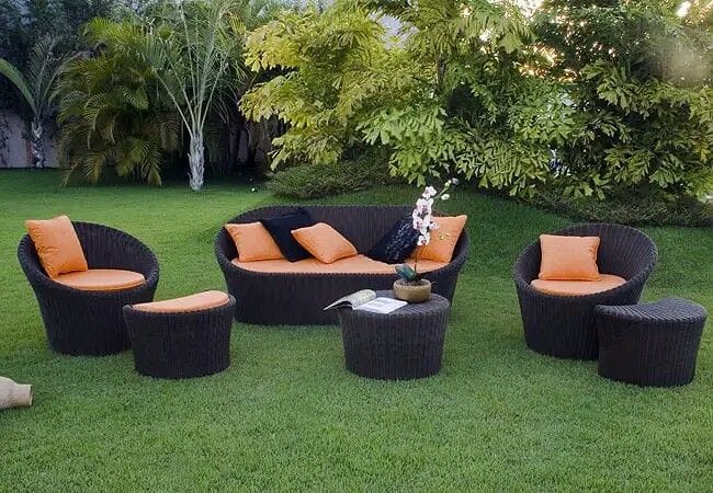 Black Rattan Sofa Set with Orange Cushions