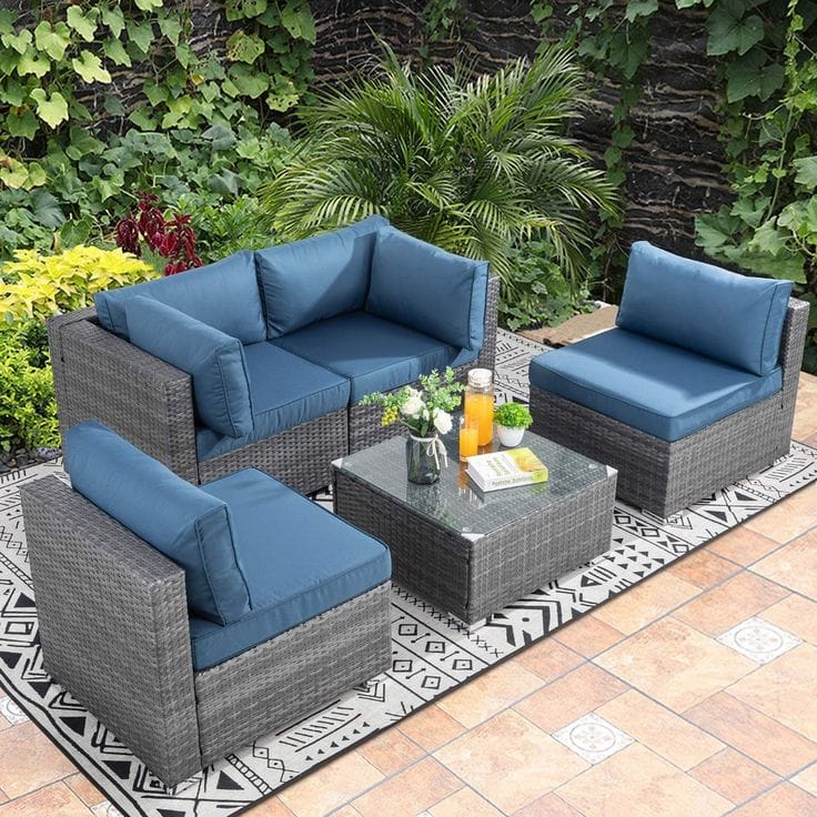 Blue Cushion Grey Rattan Corner Sofa Set