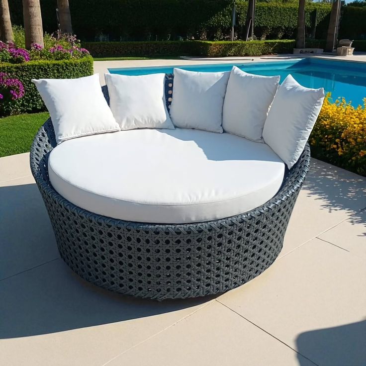 Grey Rattan Round Daybed with White Cushions