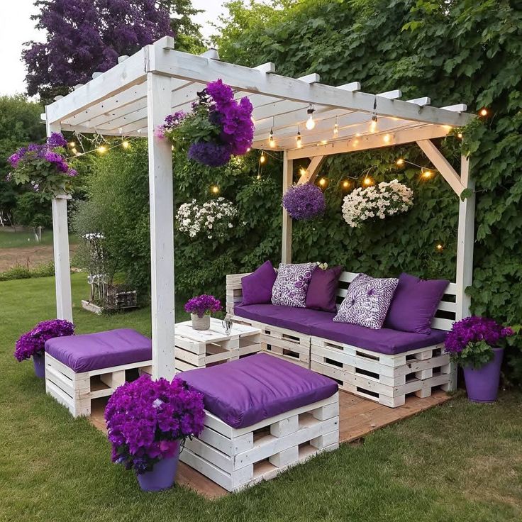 White Pallet Pergola Lounge with Purple Cushions