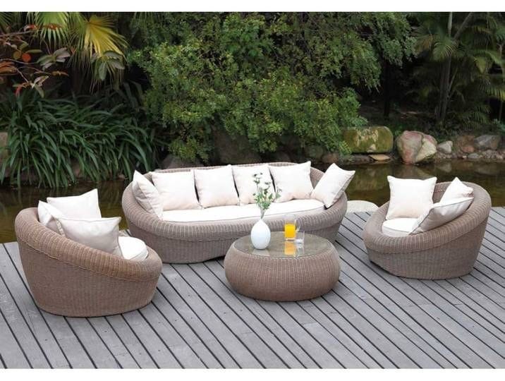 Curved Beige Rattan Sofa Set with White Cushions