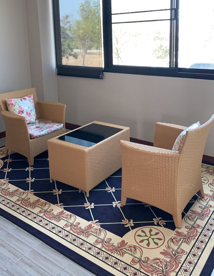 Natural Rattan Lounge Chairs with Glass-Top Coffee Table
