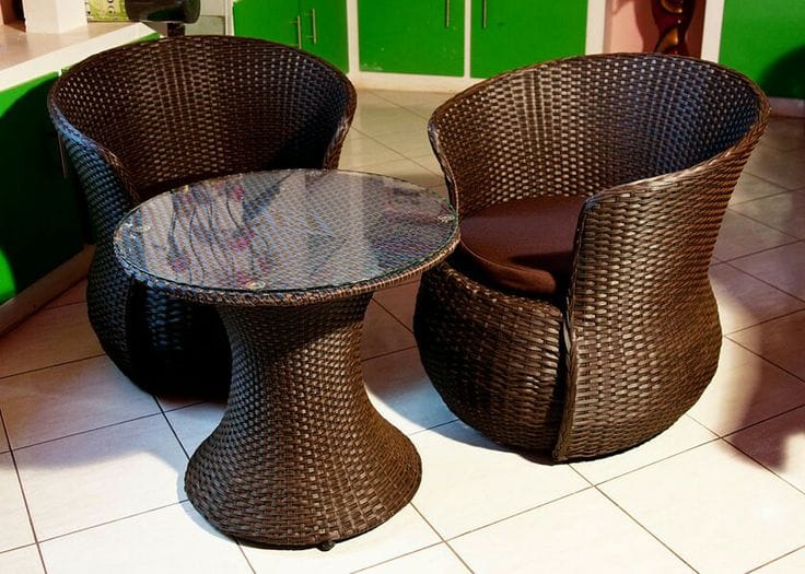 Brown Rattan Pod Chairs with Round Glass Table
