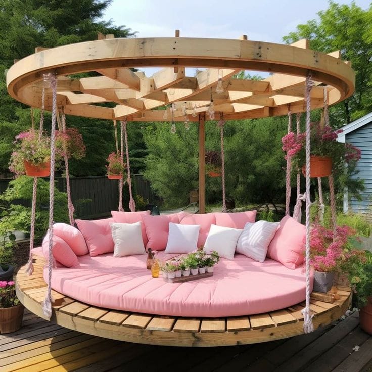 Round Hanging Pallet Daybed with Wooden Pergola Ring