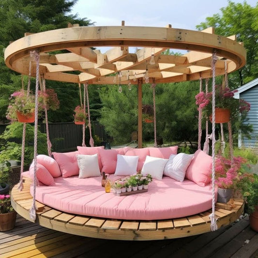 Round Hanging Pallet Daybed with Wooden Pergola Ring