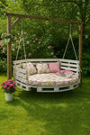 Round Hanging Pallet Swing Bed with Floral Cushion