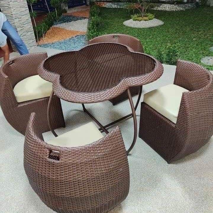 Rattan Clover Table with Cushioned Chairs