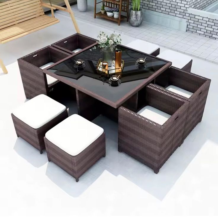 Rattan Cube Dining Set with Stools and Glass Table