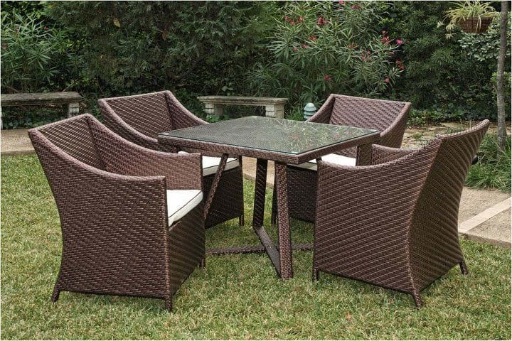 Brown Rattan 4-Chair Set with Square Glass Table