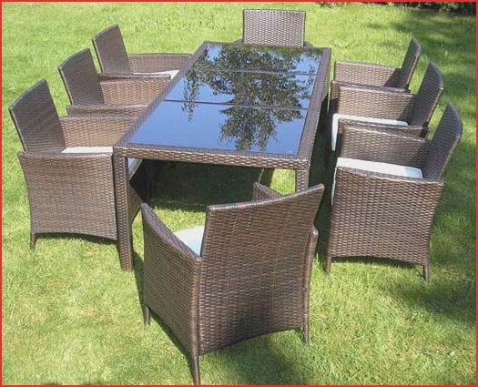 Large Brown Rattan Dining Set with Glass Table