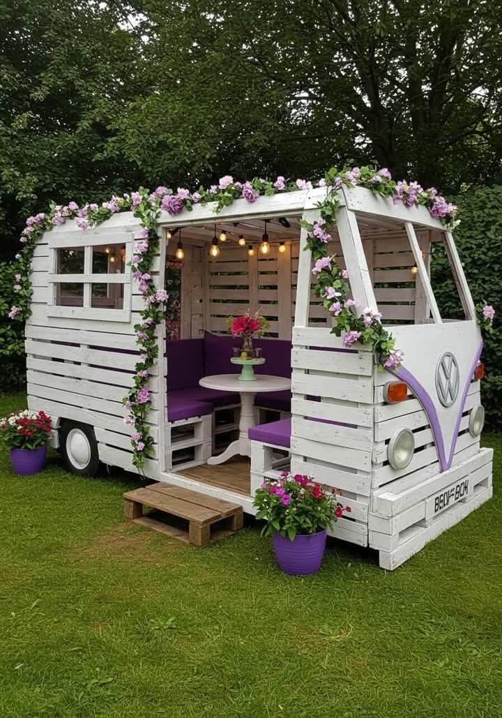 Retro Pallet Camper Van Playhouse with Flower Garland (10 x 10 ft)