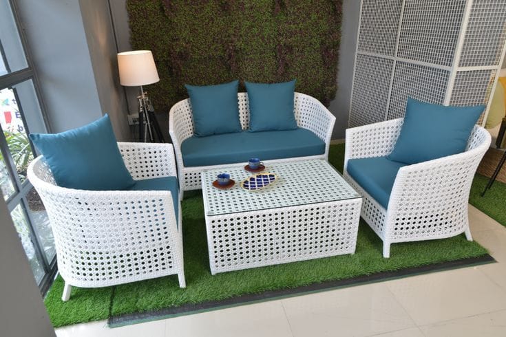White Mesh Rattan Sofa Set with Teal Cushions