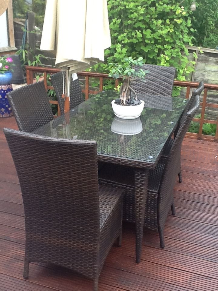 Brown Rattan Glass-Top Table and Chairs Set