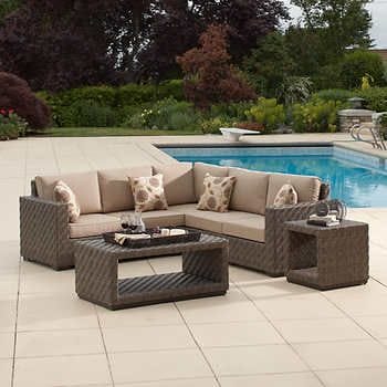 Taupe Rattan Sectional Sofa Set with Glass Table