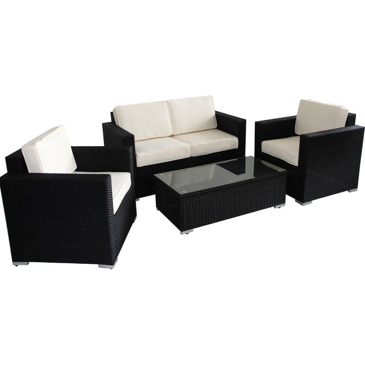 Black Rattan Sofa Set with Cream Cushions