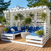 White Pallet Terrace Pergola Lounge with Blue Cushions