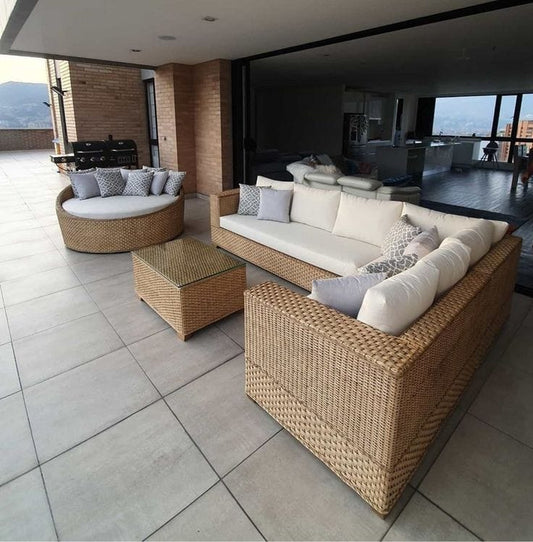 Natural Rattan Lounge Sofa Set with White Cushions