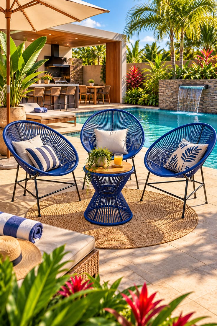 Three Blue Woven Chairs with Striped Cushions