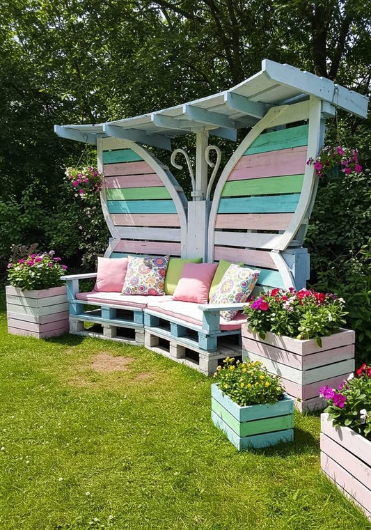 Butterfly Wing Pallet Pergola Bench with Planter Boxes