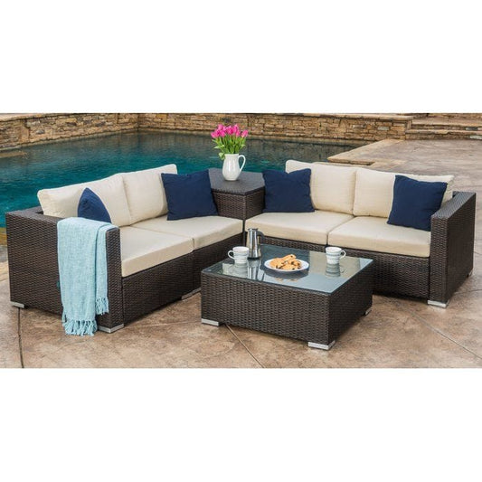Rattan Corner Sofa Set with Navy Cushions