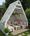 White A-Frame Pallet Shelter with Beige Corner Sofa