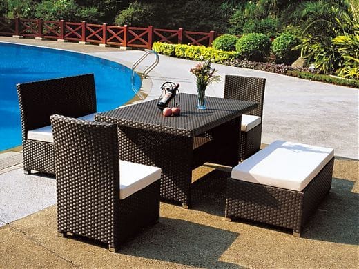 Brown Rattan Dining Set with Cushioned Stools