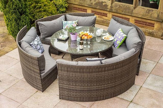 Round Grey Rattan Sofa Set with Dining Table