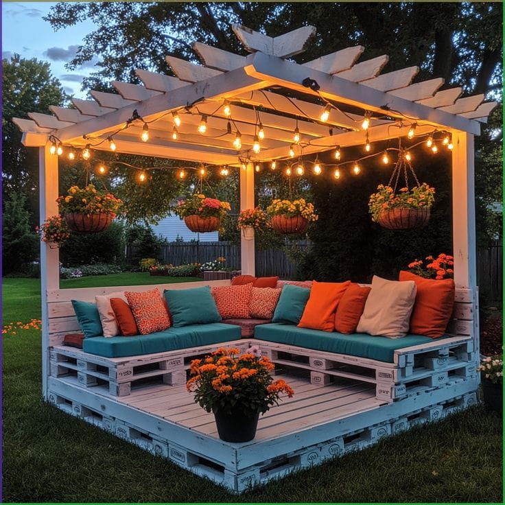 Pallet Pergola Lounge with Teal and Orange Cushions