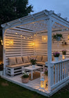 White Pallet Pergola Cabana with Railing and String Lights