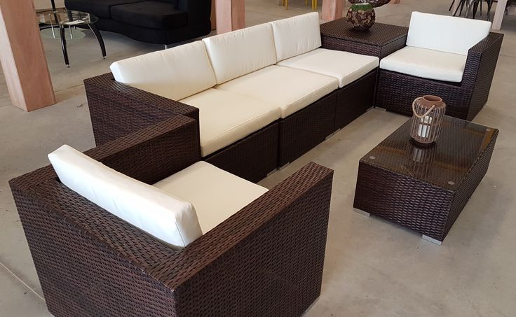 Dark Rattan Corner Sofa with White Cushions
