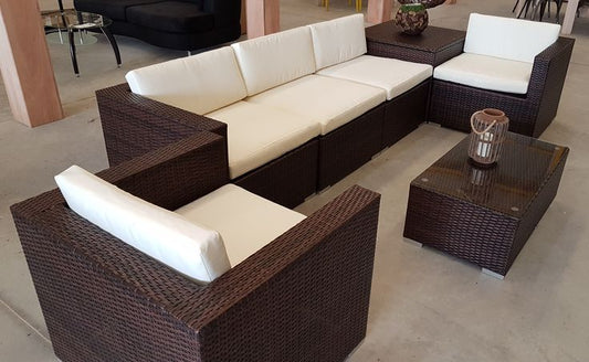Dark Rattan Corner Sofa with White Cushions