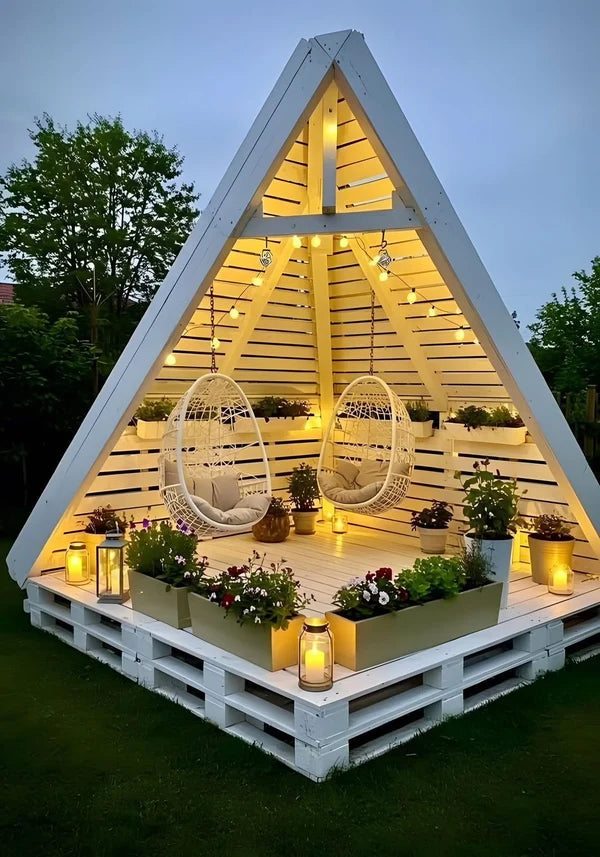 Grand A-Frame Pallet Cabana with Hanging Egg Chairs