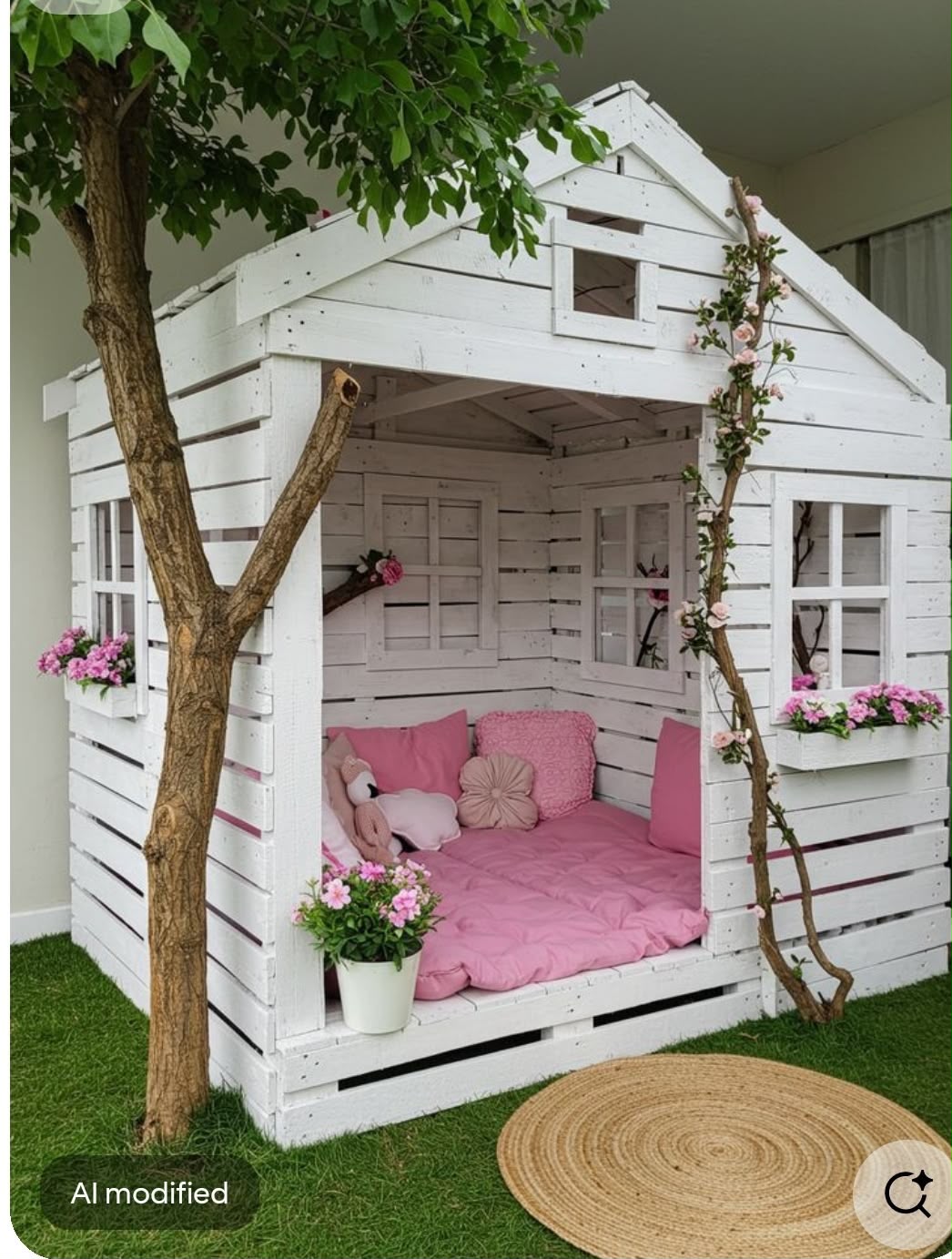 White pallet cottage playhouse with open front and pink cushioned daybed