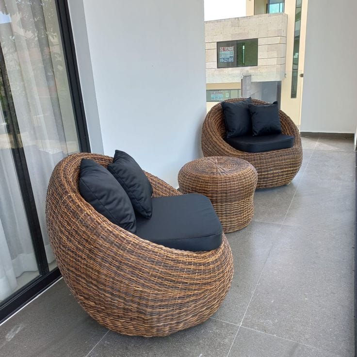 Natural Rattan Pod Chairs with Navy Cushions and Stool