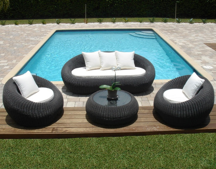 Black Rattan Oval Sofa Set with White Cushions