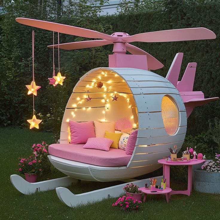 Pink Pallet Helicopter Playhouse with Lounge Seat